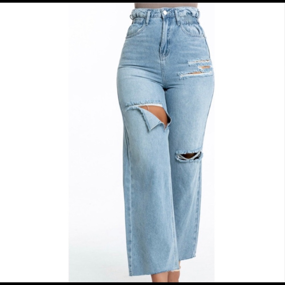High Waisted Ripped Palazzo Jeans